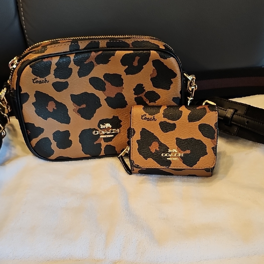 Coach Leopard Print Crossbody Bag and Wallet Set